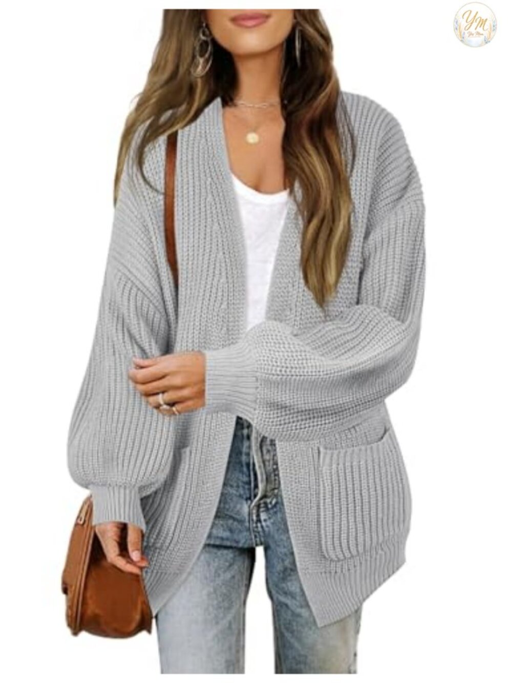 Oversized Lantern Sleeve Open Front Cardigan Sweater